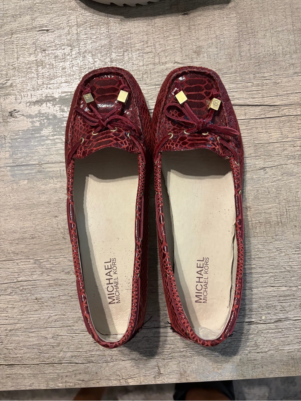 Michael Kors Burgundy Snake-Embossed Moccasin Flats with Gold Accents